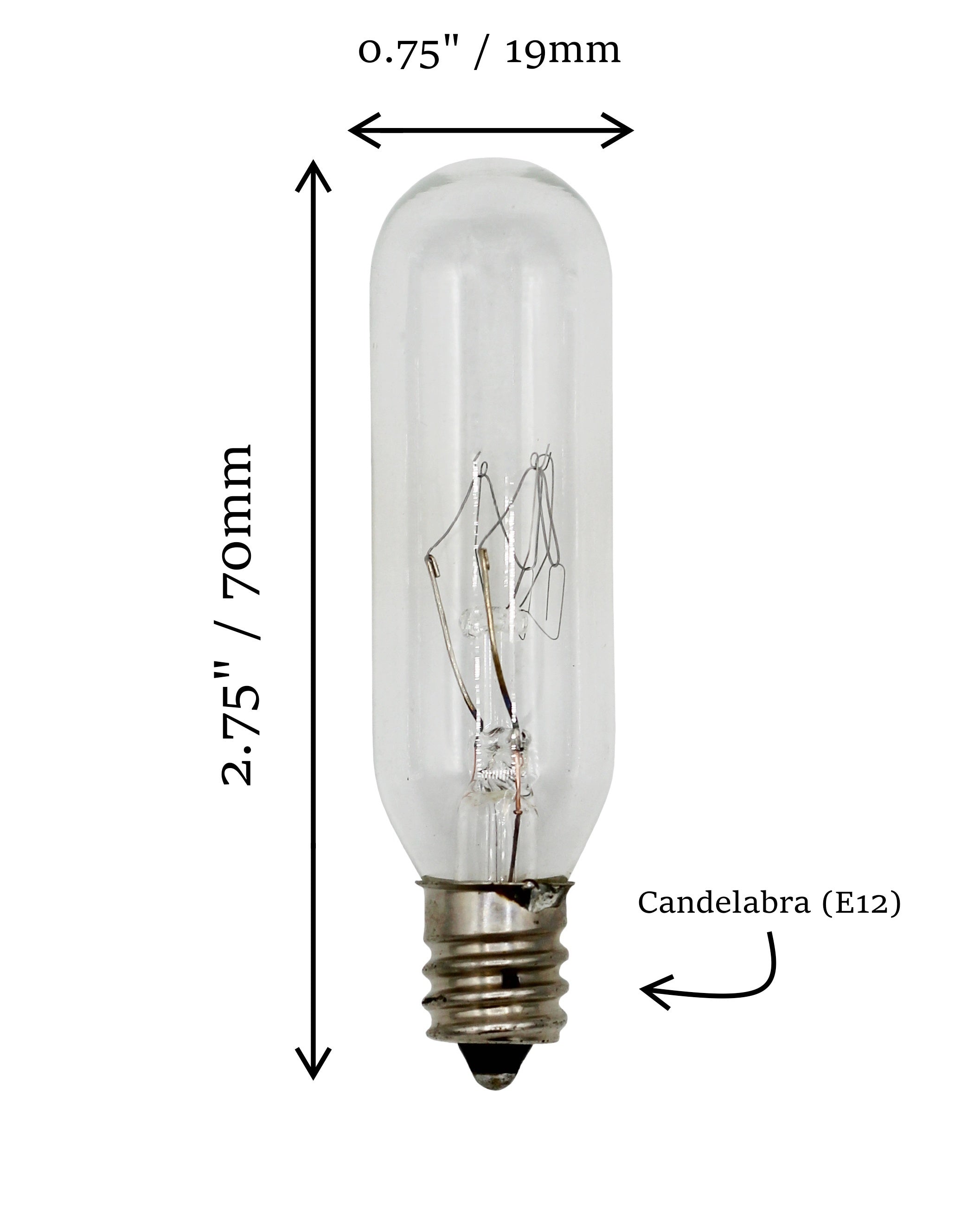 25W T6 Incandescent Tubular Bulbs, 120V, E12 Candelabra Base, Clear Glass, Warm White for Chandeliers, Signs & Display Cases