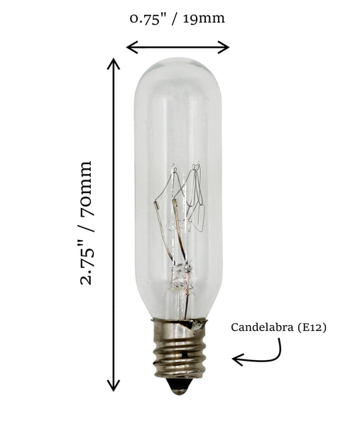 15W T6 Incandescent Tubular Bulbs, 120V, E12 Candelabra Base, Clear Glass, Warm White for Chandeliers, Signs & Display Cases