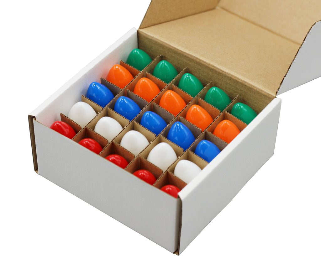 Box of 25 Ceramic Multicolor Blinker Bulbs – Green, Red, Orange, White & Blue, C7 Candelabra Base, 7W 120V Random Flash