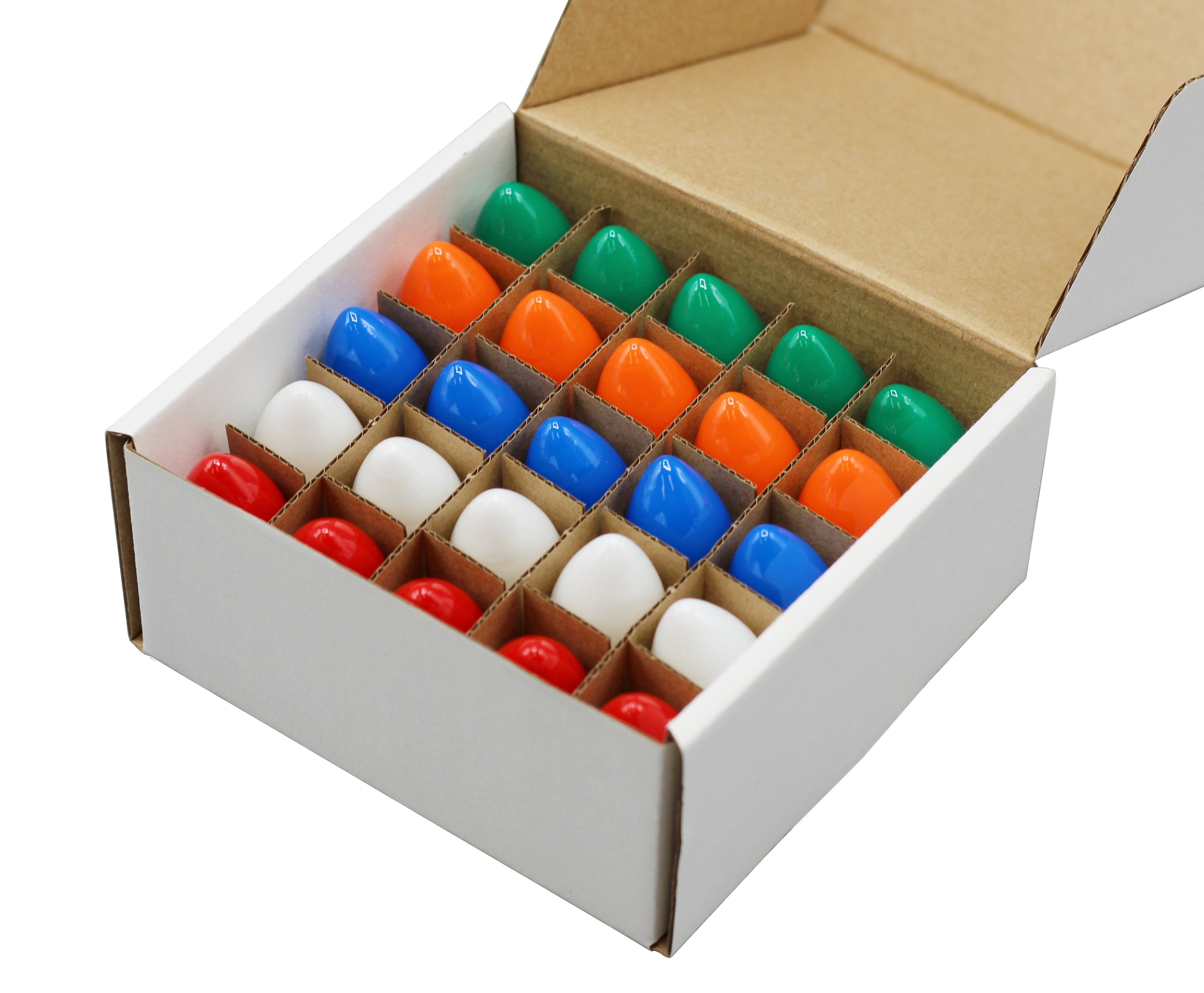Box of 25 Ceramic Multicolor Blinker Bulbs – Green, Red, Orange, White & Blue, C7 Candelabra Base, 7W 120V Random Flash