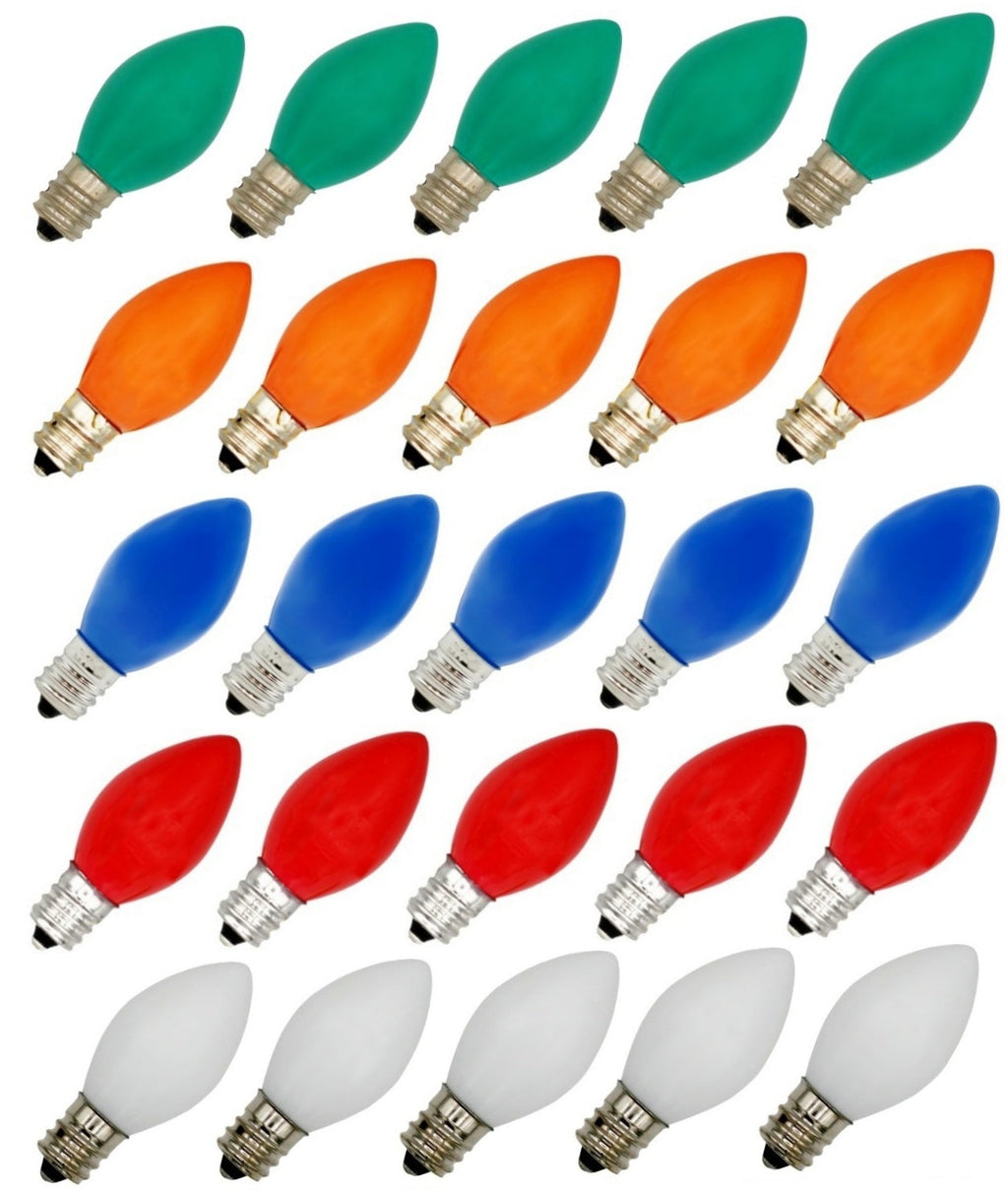 Box of 25 Ceramic Multicolor Blinker Bulbs – Green, Red, Orange, White & Blue, C7 Candelabra Base, 7W 120V Random Flash