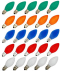 Box of 25 Ceramic Multicolor Blinker Bulbs – Green, Red, Orange, White & Blue, C7 Candelabra Base, 7W 120V Random Flash