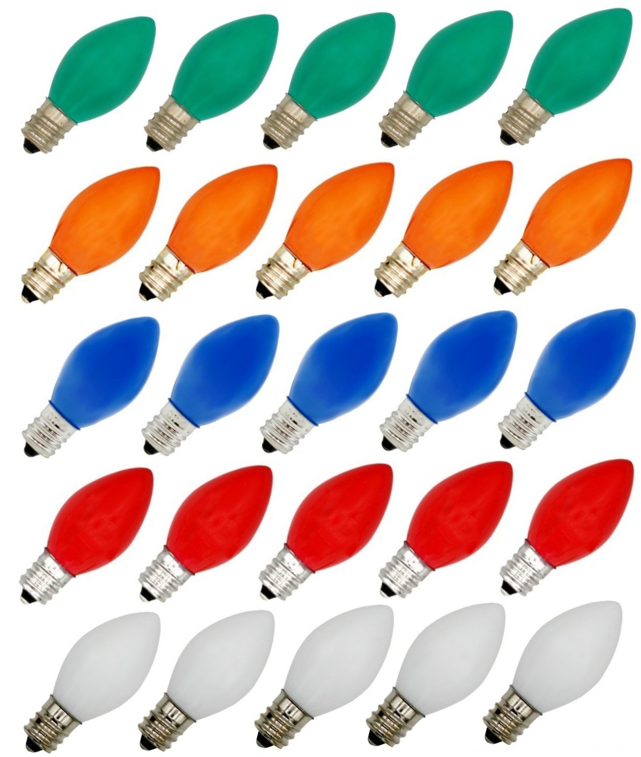 Box of 25 Ceramic Multicolor Blinker Bulbs – Green, Red, Orange, White & Blue, C7 Candelabra Base, 7W 120V Random Flash