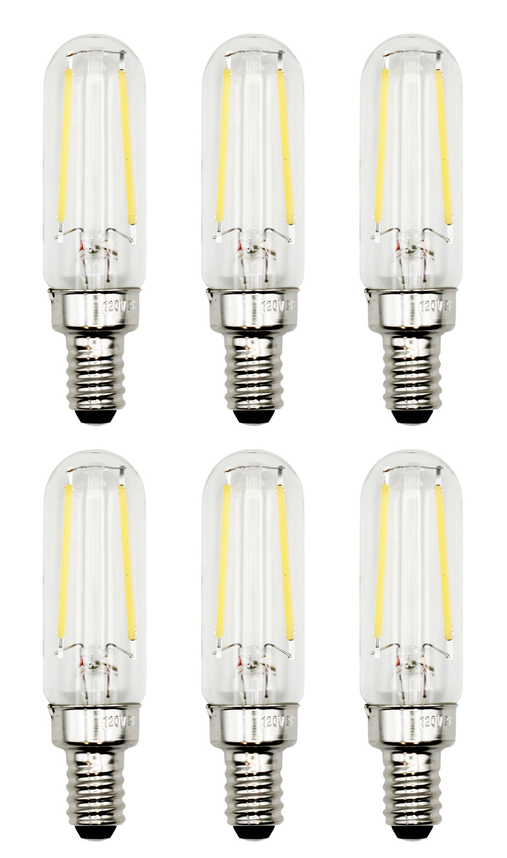 6 Pack of T6 LED Tubular Bulbs, 2W 120V, E12 Candelabra Base, Clear Glass Filament, 25W Equivalent - Great for Chandeliers, Signs & Display Cases