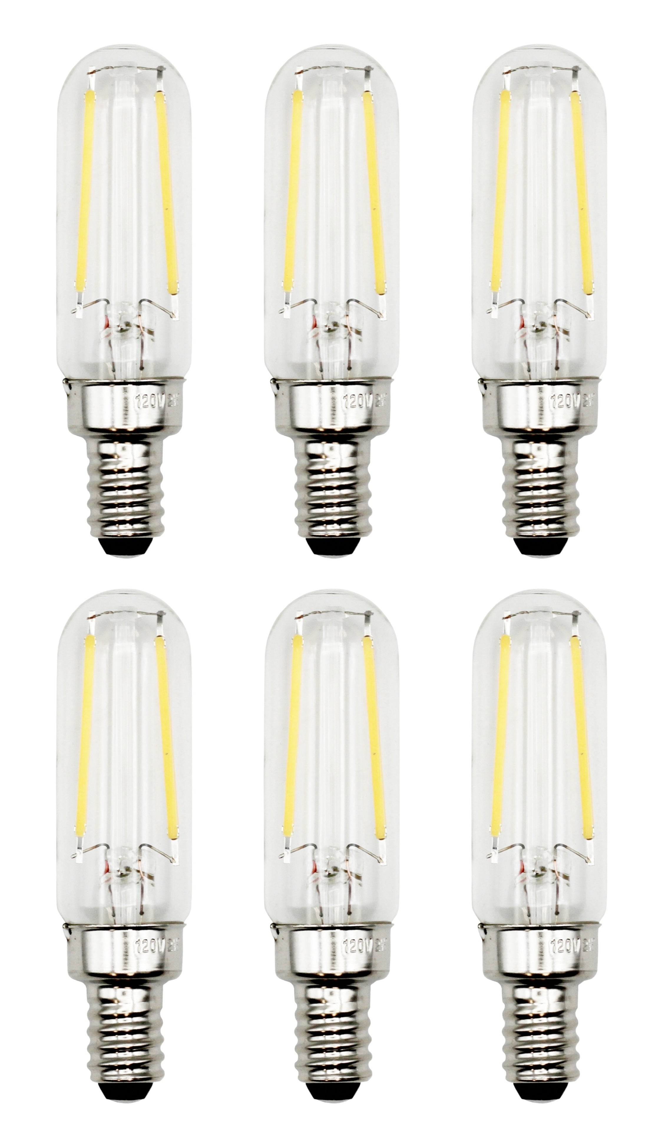 6 Pack of T6 LED Tubular Bulbs, 2W 120V, E12 Candelabra Base, Clear Glass Filament, 25W Equivalent - Great for Chandeliers, Signs & Display Cases