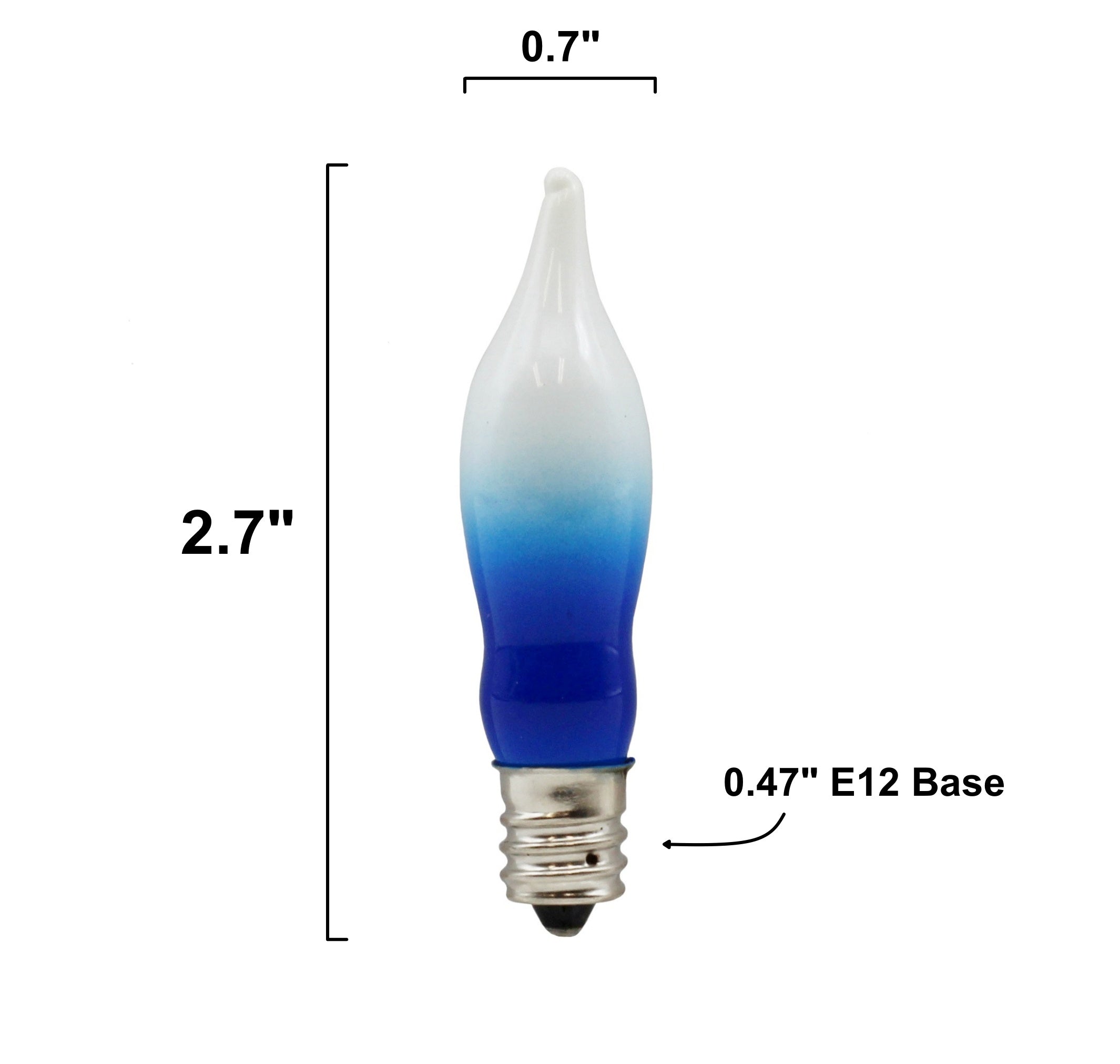 12 Pack Blue & White Flame Tip Incandescent Bulbs, 7W 120V, E12 Candelabra Base, Ideal for Electric Menorah, Window Candles, Chandeliers, Sconces & Holiday Décor
