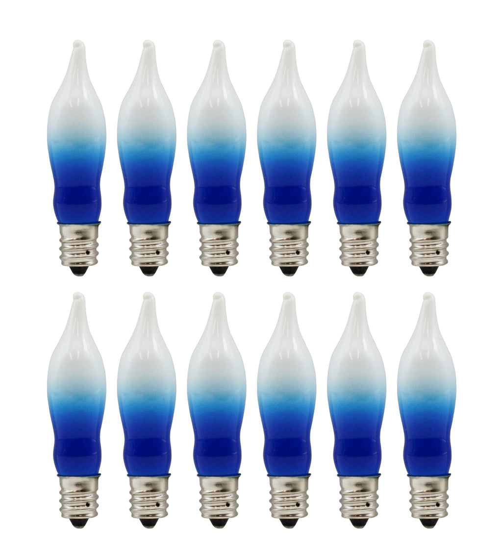 12 Pack Blue & White Flame Tip Incandescent Bulbs, 7W 120V, E12 Candelabra Base, Ideal for Electric Menorah, Window Candles, Chandeliers, Sconces & Holiday Décor