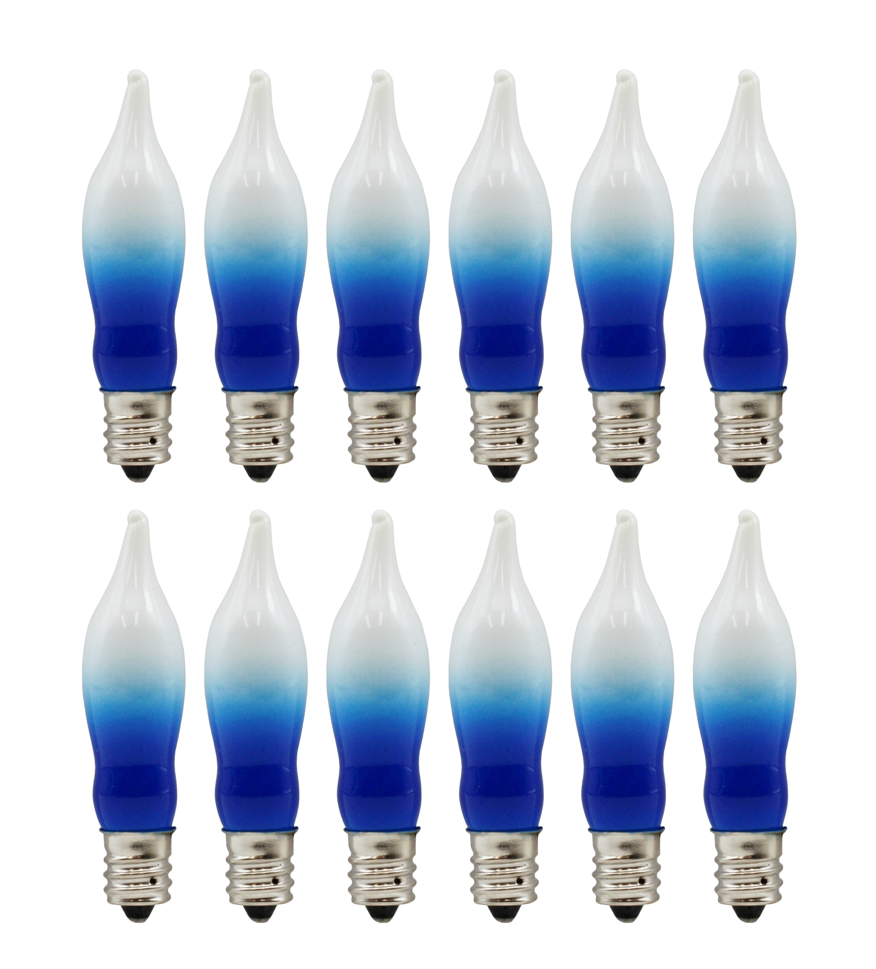 12 Pack Blue & White Flame Tip Incandescent Bulbs, 7W 120V, E12 Candelabra Base, Ideal for Electric Menorah, Window Candles, Chandeliers, Sconces & Holiday Décor