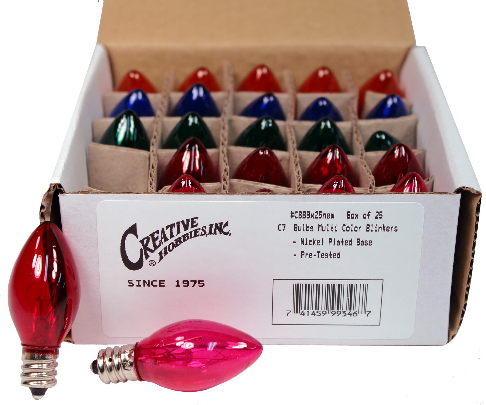 Box of 25 Colored Light Bulbs, Random Blinking, 7 Watt, C7 Candelabra Base -Great for Night Lights and Christmas Strings