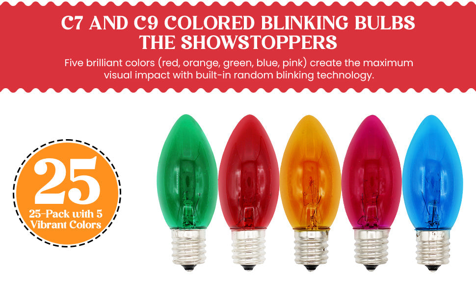 Box of 25 Colored Light Bulbs, Random Blinking, 7 Watt, C7 Candelabra Base -Great for Night Lights and Christmas Strings